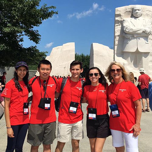 Students participating in Bank of America program posing at Martin Luther King Jr. Memorial