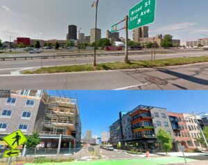 A before and after of a small section of the Inner Loop removal project. Google Maps/City of Rochester