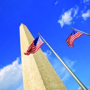 Washington Monument US Flag blue sky