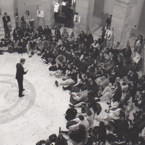 Students on Close Up speaking with congressman on Capitol Hill in 1980s