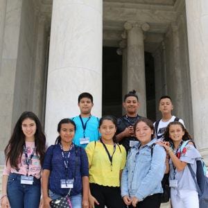 New immigrant and migrant middle school students at Thomas Jefferson Memorial in Washington, DC